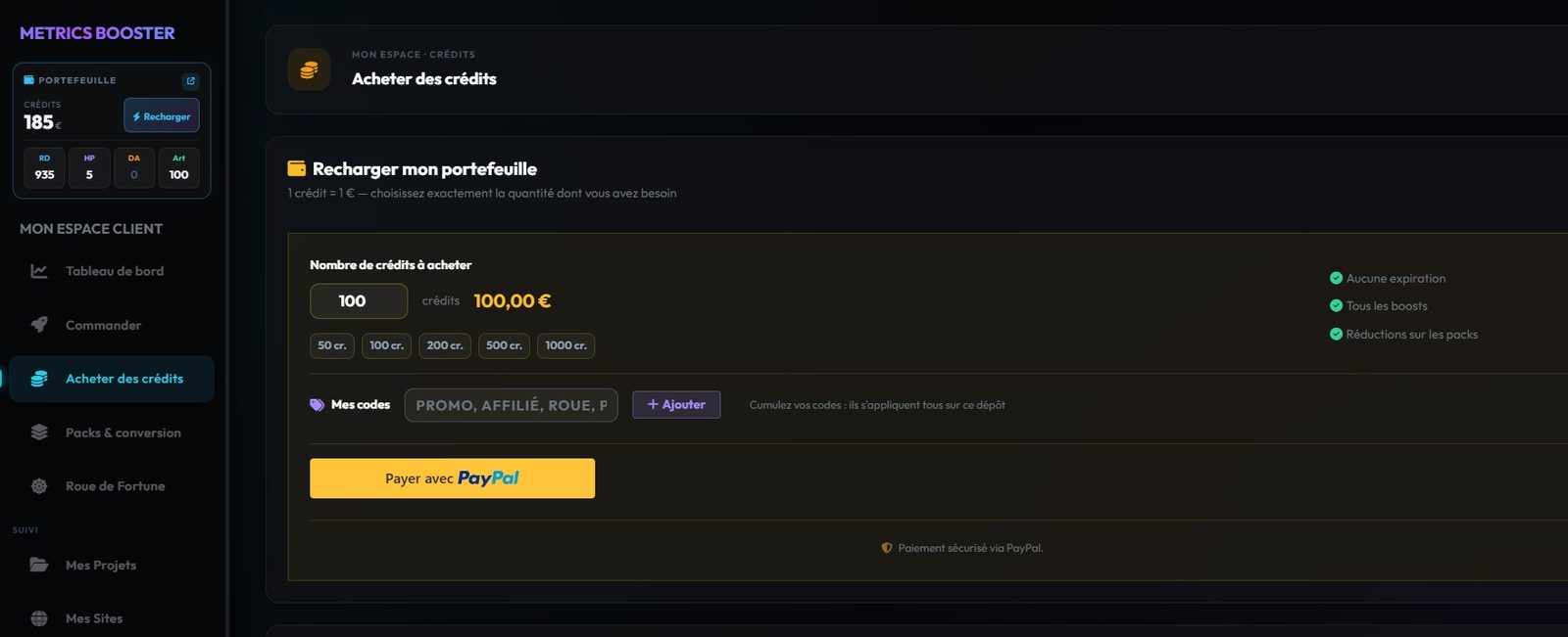 Dashboard MetricsBooster avec solde de crédits disponible