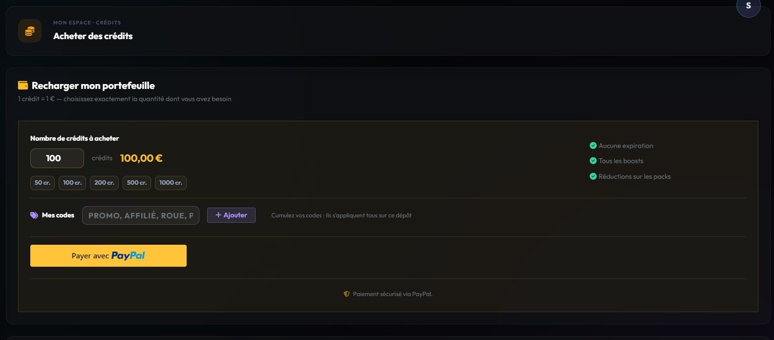 Capture du dashboard MetricsBooster montrant l’écran de recharge et le champ code promo